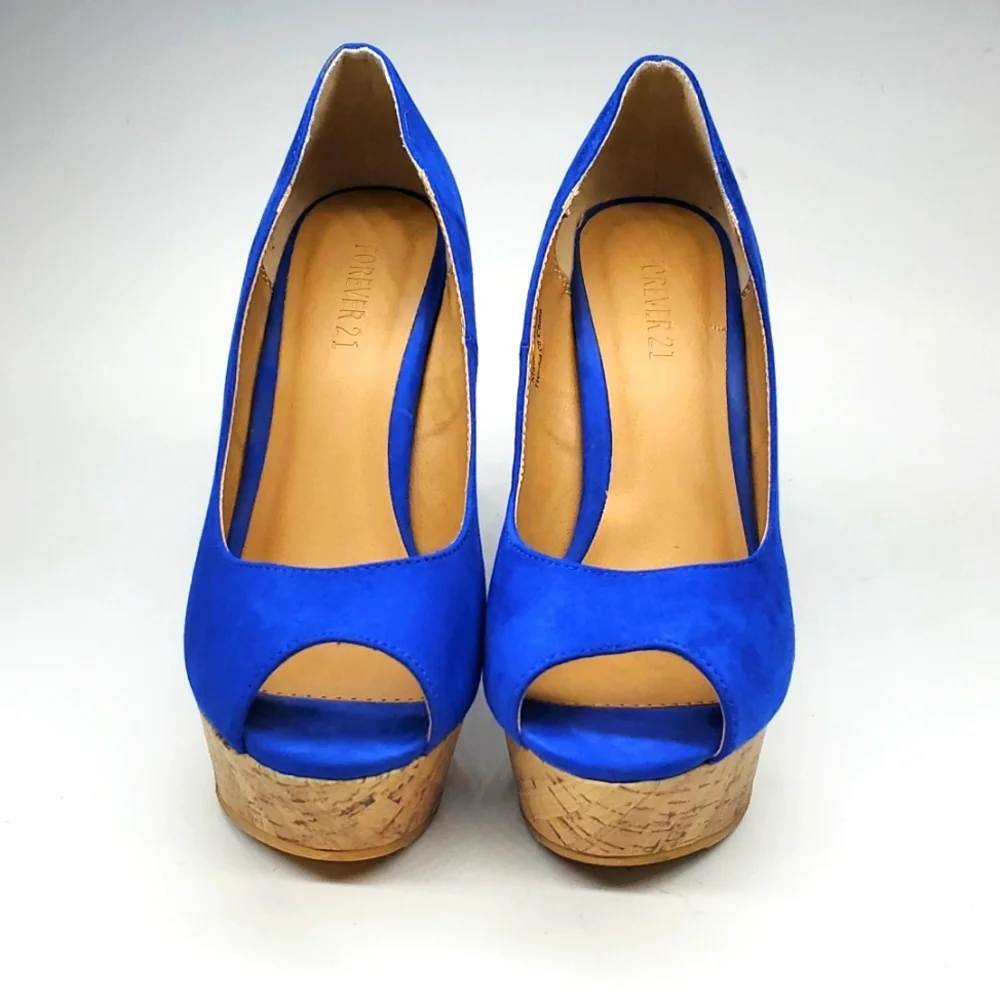 Forever 21 Blue Faux Suede Cork Like Wedge Peep Toe Platform Shoes 8